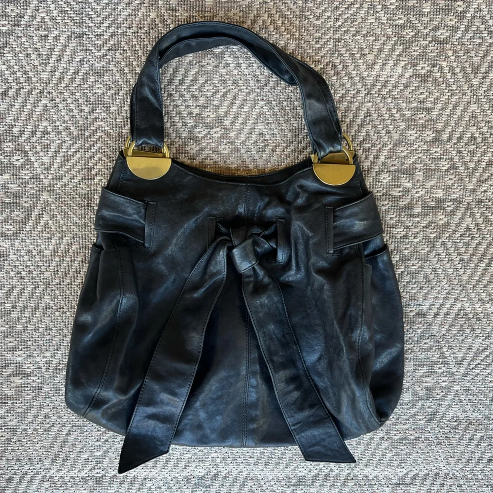 Kooba Y2K Vintage Leather Hobo Bag Purse Black Slouchy Gold Brass‎ Accents